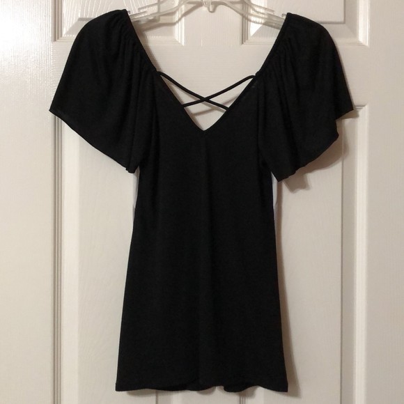 Blouse V-Neck Size Small Black Top with Gray and White Design - Picture 4 of 6